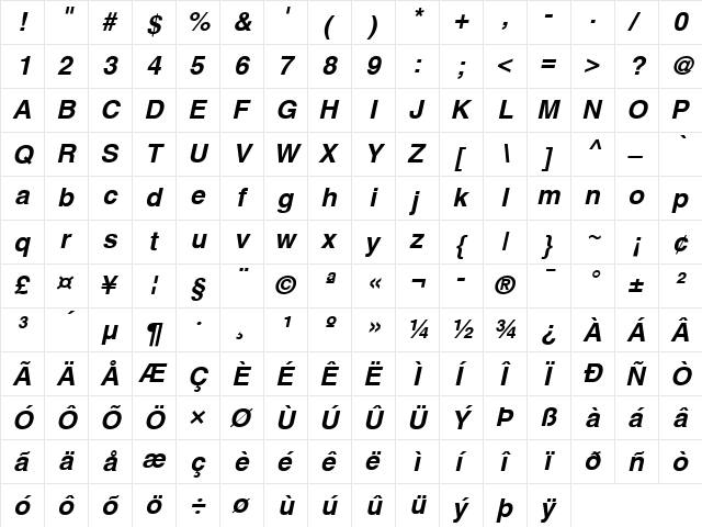 Helonia Bold Italic  glyph index