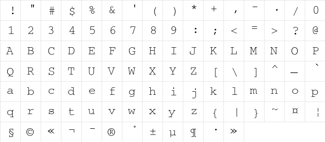 CourierC Regular  glyph index