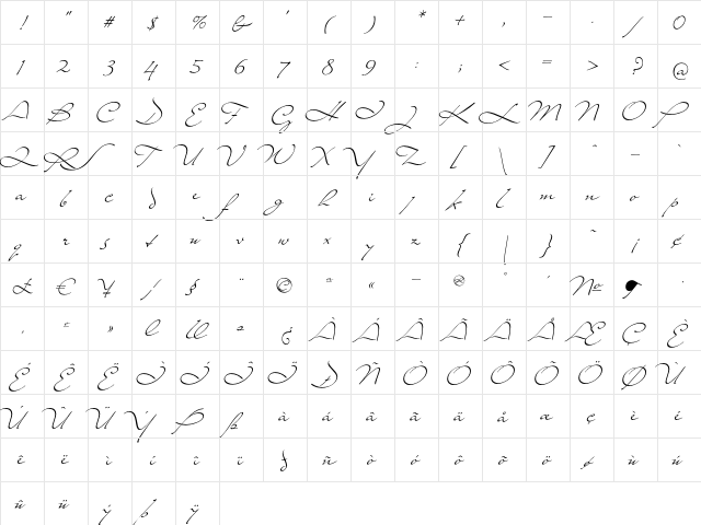 Mr Lackboughs Regular  glyph index