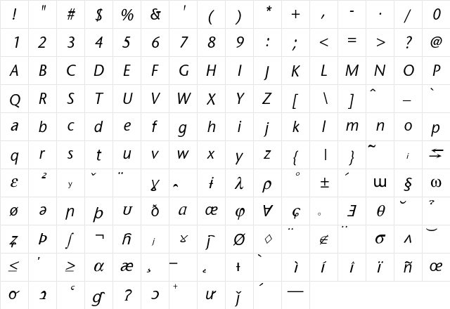 SapirSansItalic Regular  glyph index