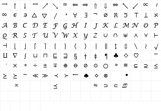 MachadoMathSymbolSSK Regular  glyph index
