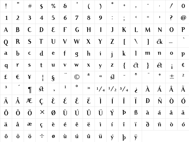 Dyadis ITC Bold  glyph index