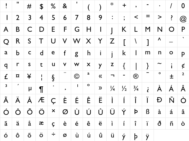 Gill Sans Regular  glyph index