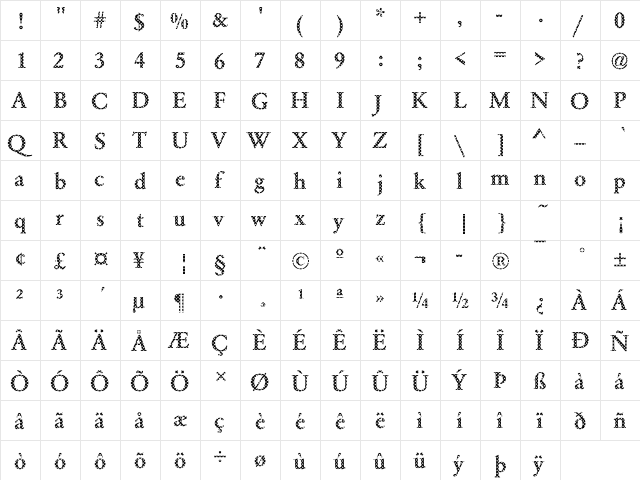 DTCGaramondM12 Regular  glyph index