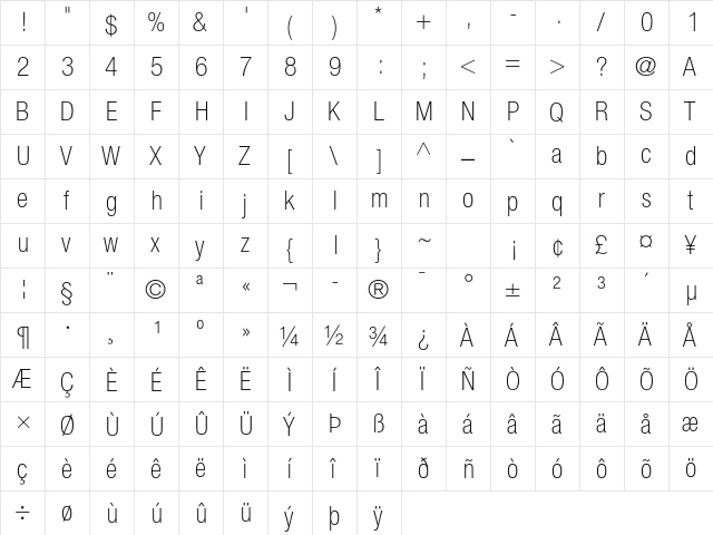 Helvetica Neue LT Std 37 Thin Condensed  glyph index
