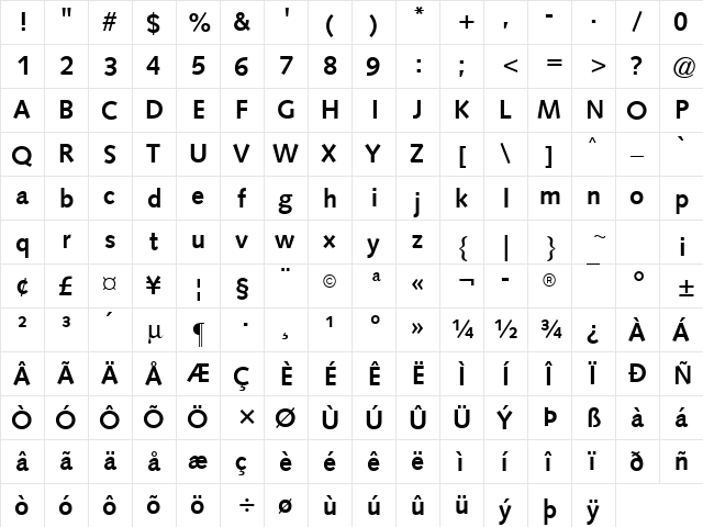 Symphony Bold  glyph index