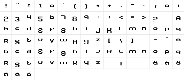 Tech Font Wide Regular  glyph index