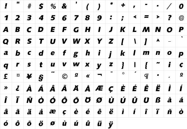 Isaxony Bold  glyph index
