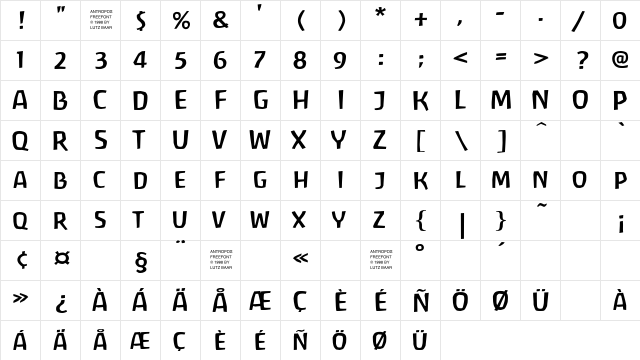 Antropos Freefont  glyph index