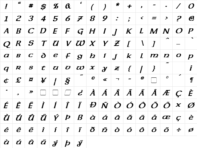 Dalelands Uncial Bold Italic  glyph index