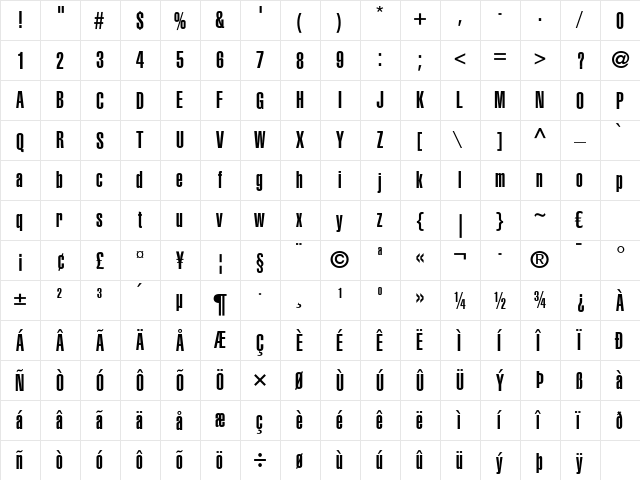 Helvetica LT UltraCompressed Regular  glyph index