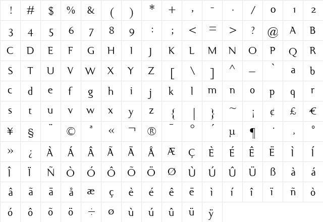 Ela Demiserif Regular  glyph index