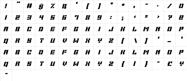 Space Cadets Italic  glyph index