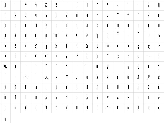 Velvet Regular  glyph index