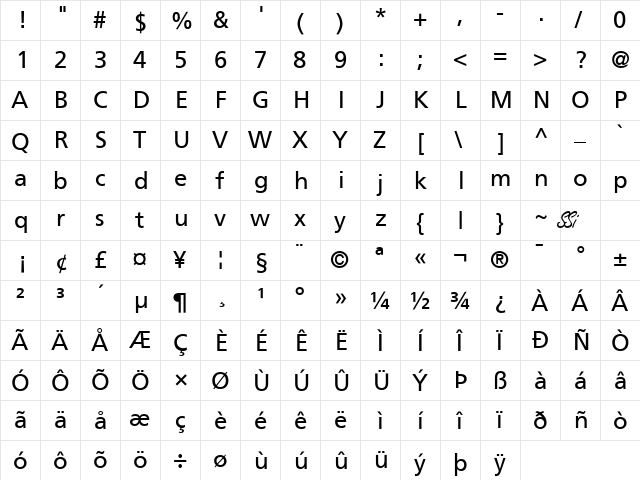 Palma SSi Regular  glyph index