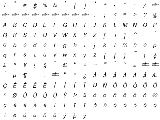 Boring Sans B Trial Italic  glyph index