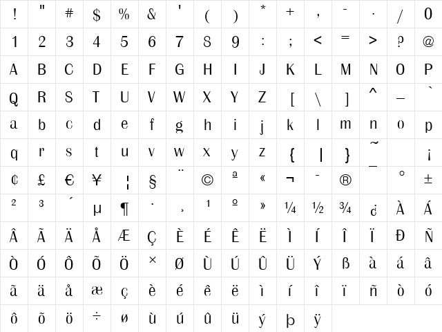 Bristol-Light Regular  glyph index