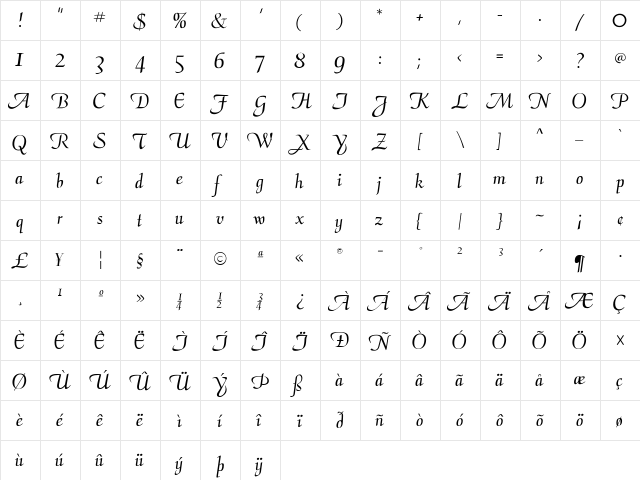 CalligraphyFLF Regular  glyph index