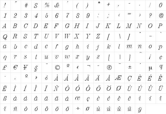NormanBecker-ExtraLight Italic  glyph index