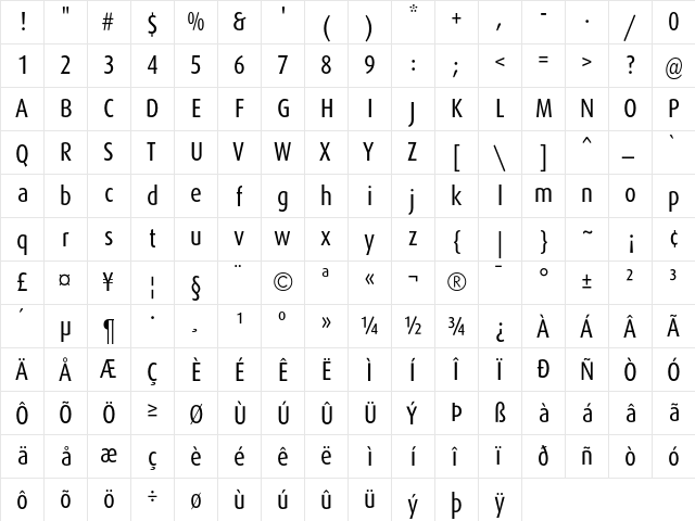DaxCondensed Regular  glyph index