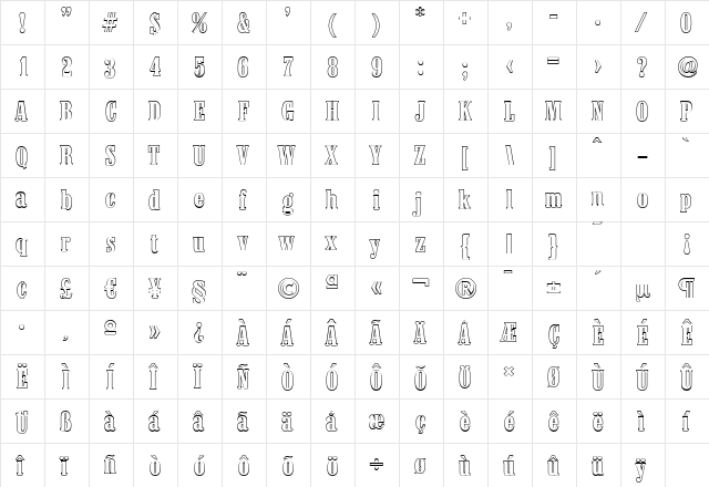 ColonelOutline Bold  glyph index