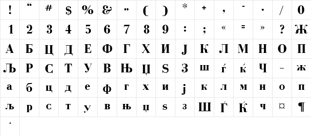 M_Bodoni Bold  glyph index