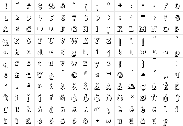 RaleighShadow Bold  glyph index