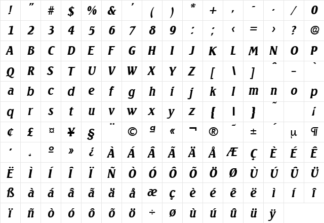 Seagull-Serial BoldItalic  glyph index