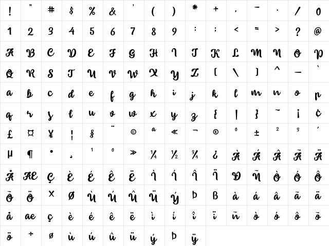 insting Regular  glyph index