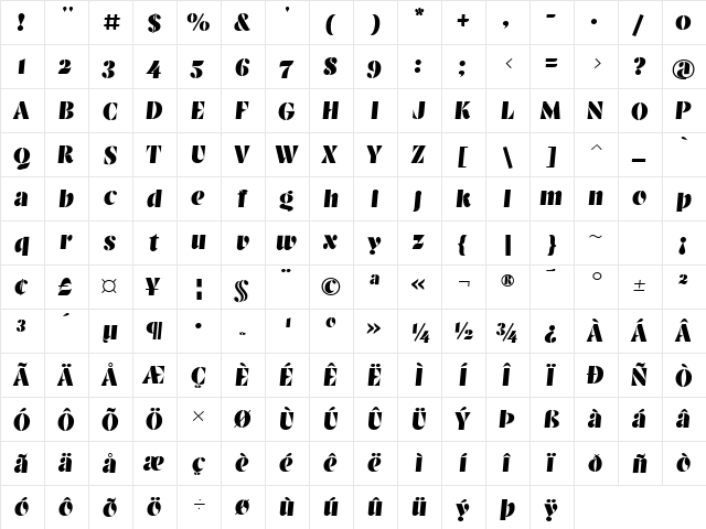 Balega LT Std Regular  glyph index