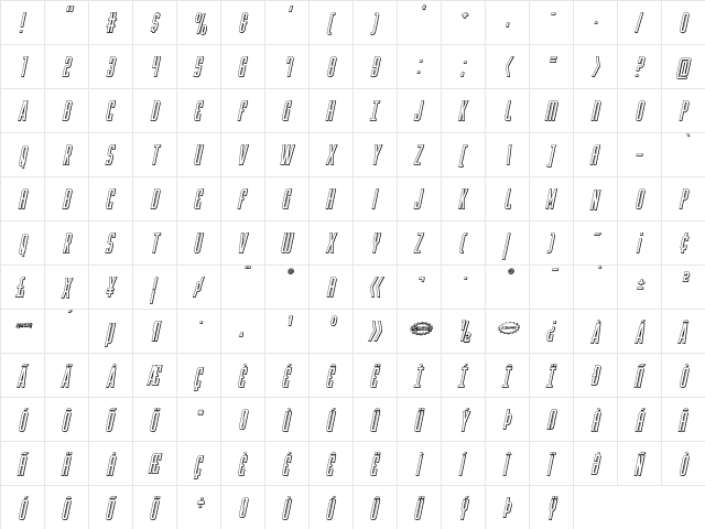 Y-Files 3D Italic Italic  glyph index