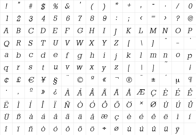 StaffordSerial-Light Italic  glyph index