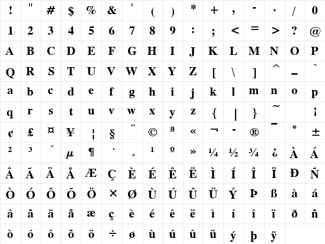 Tiempo Bold  glyph index