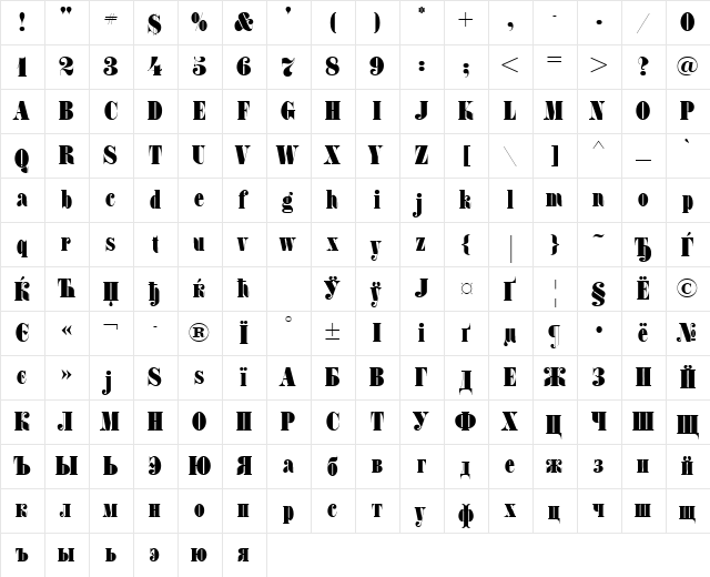 FatFaceCTT Regular  glyph index