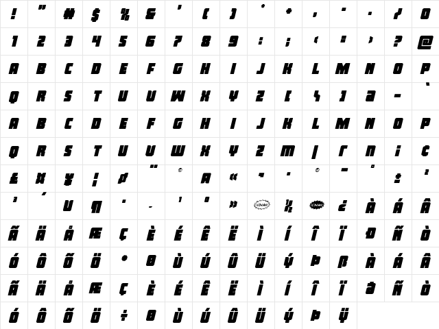 Inspector General Italic Regular  glyph index