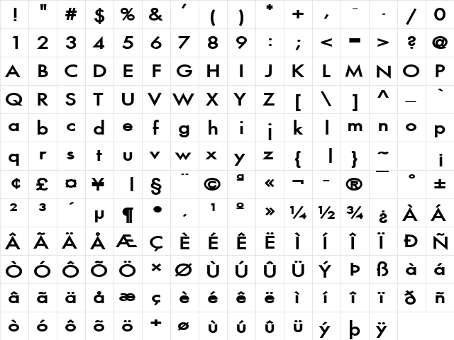Fusi Wide Bold  glyph index