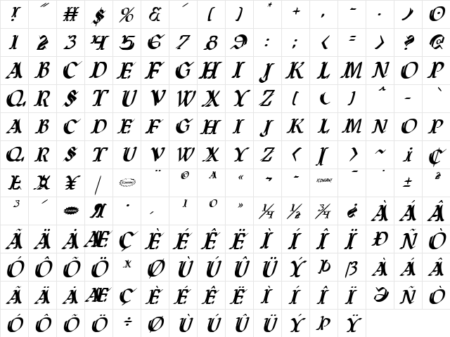 Wars of Asgard Condensed Italic Condensed Italic  glyph index