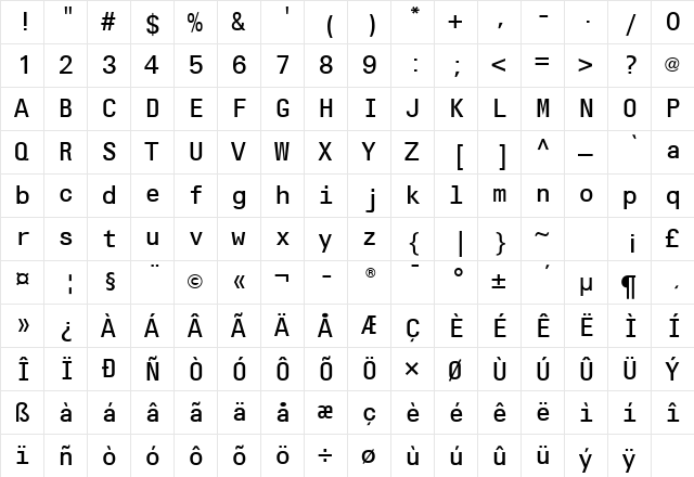 Olympia Light  glyph index