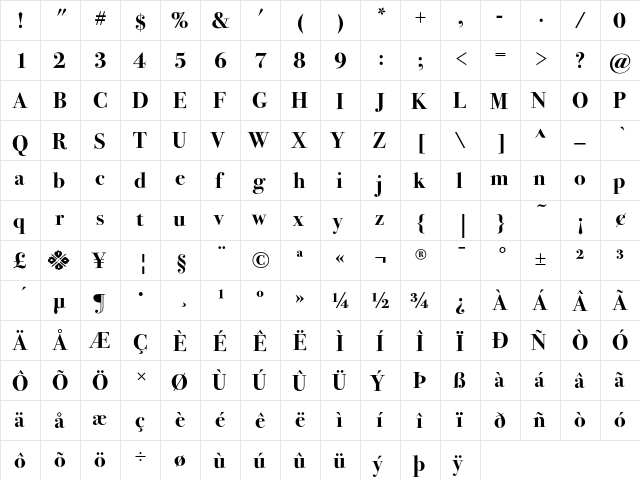 BodoniSeventytwoEF Bold  glyph index