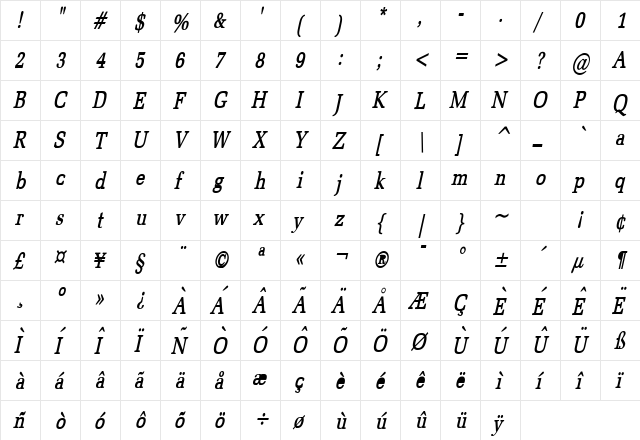 Bid Roman Thin Bold Italic  glyph index