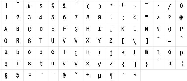 MonoCondensedC Bold  glyph index