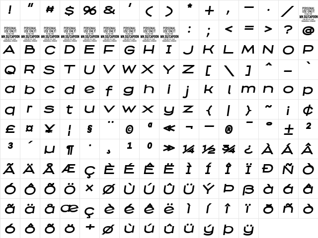 Capoon PERSONAL USE Bold Italic  glyph index