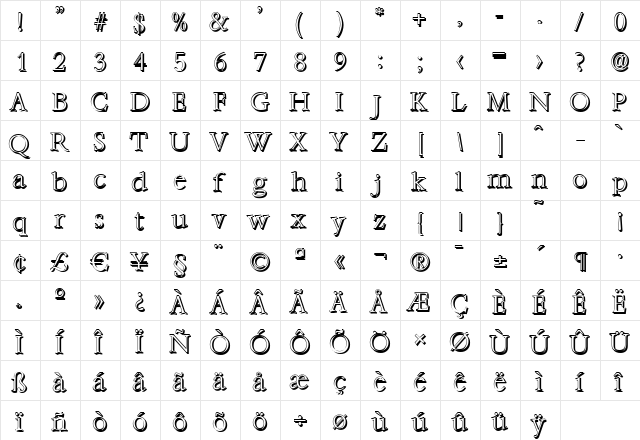 AndrewBeckerShadow-Xlight Regular  glyph index