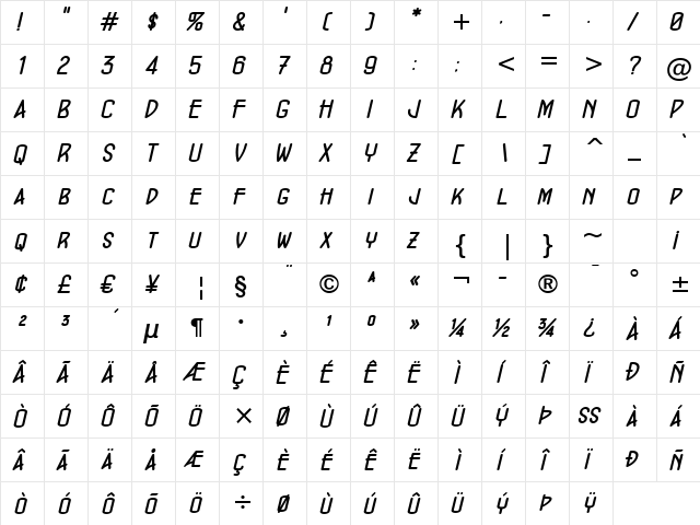 ConcursoModerne BTN BoldOblique  glyph index