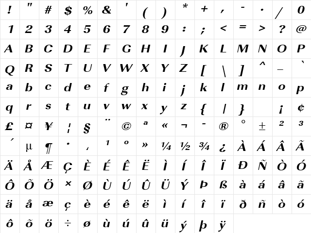 URWImperialTExtBolExtWid Oblique  glyph index