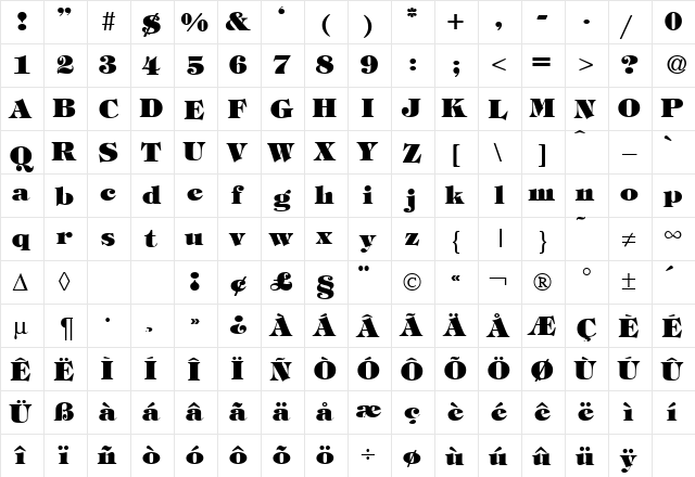 TiffanyTwoHeavy DB Regular  glyph index
