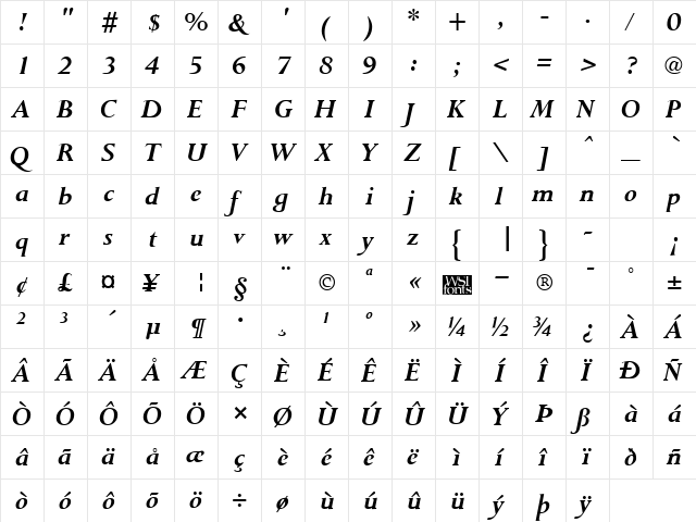 Purloin Bold Italic  glyph index