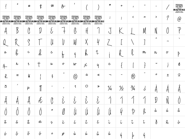 The Hills PERSONAL USE ONLY Regular  glyph index