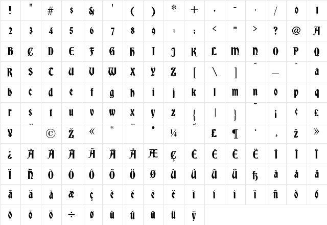 Bradley Regular  glyph index