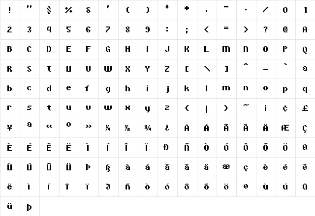 Vipond Angular Regular  glyph index